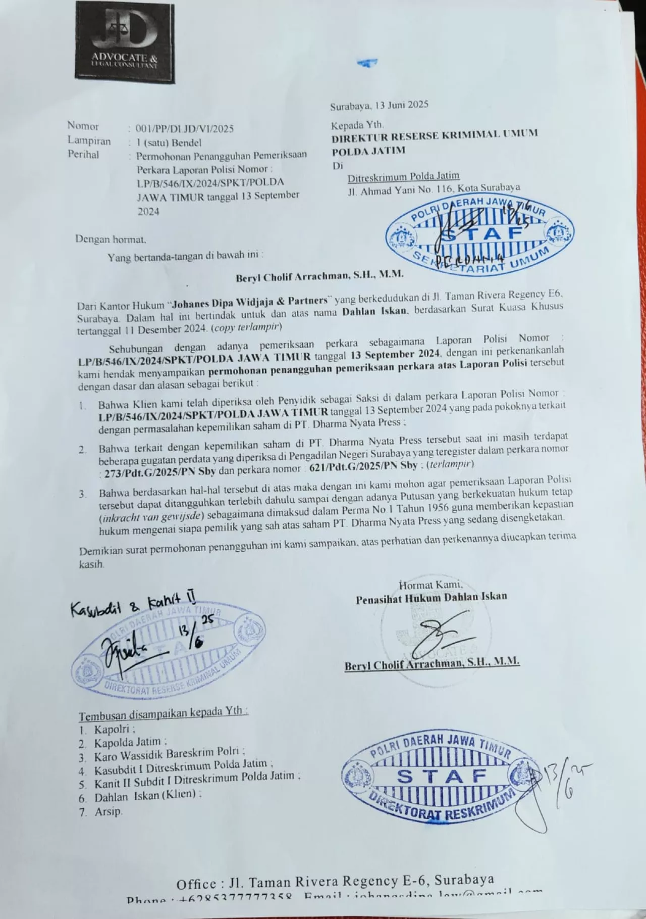 Surat permohonan penangguhan pemeriksaan Dahlan Iskan