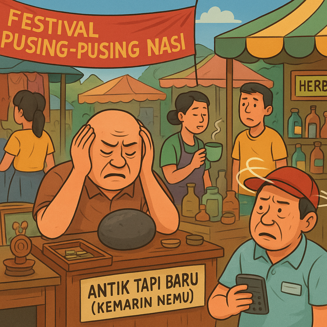 Ilustrasi yang  menggambarkan pedagang sedang pusing karena harga lapak mereka naik. (Ilustrasi by: AI)