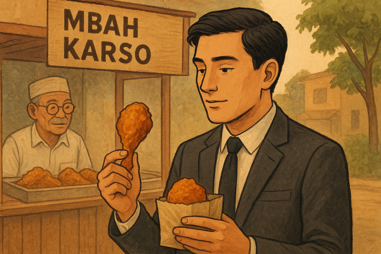 Ilustrasi Jono yang memakan ayam goreng. (Dibuat AI)