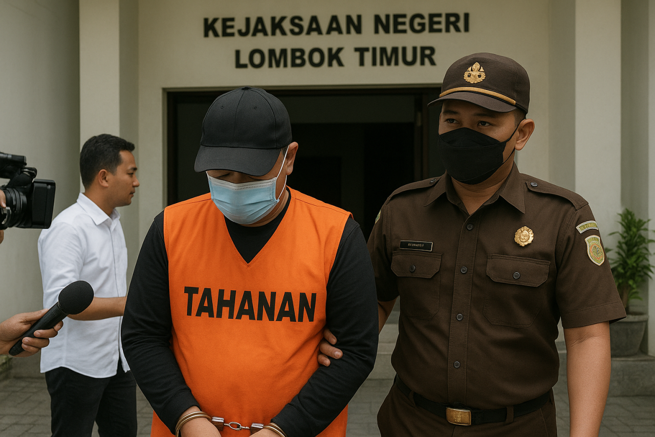 Ilustrasi Direktur PT Temprina Media Grafika Libert Hutahaean yang dibawa oleh tim Kejari Lombok Timur. (Foto: Ilustrasi AI)