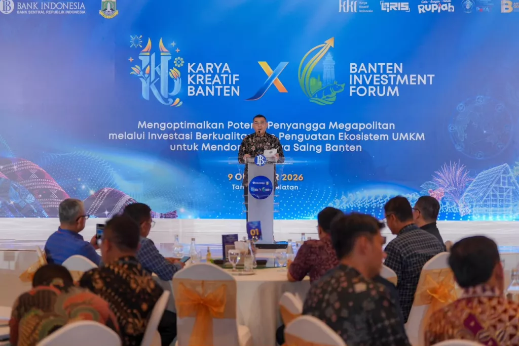 Wakil Menteri ATR/Wakil Kepala Badan BPN Ossy Dermawan saat memberikan sambutan di Banten Investment Forum 2026. (Foto: Humas Kementerian ATR/BPN)