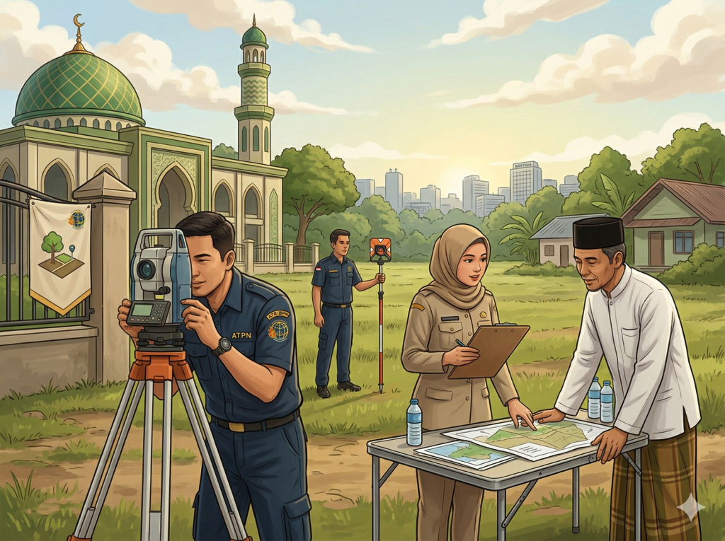 Ilustrasi petugas yang sedang mengukur tanah wakaf. (Gambar: AI)