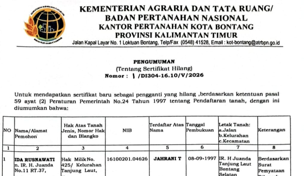 PENGUMUMAN: Sertifikat Tanah Hilang Atas Nama Jahrani T