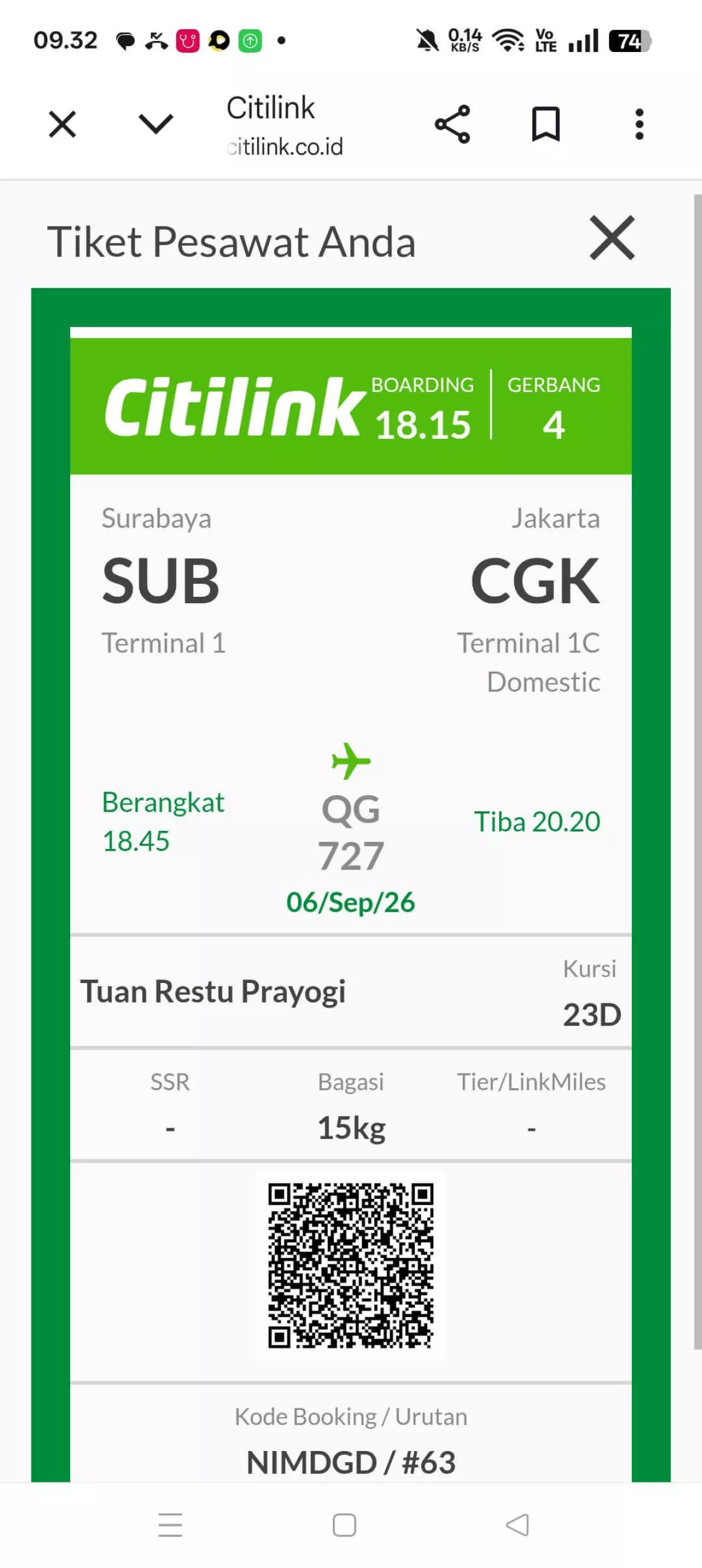 Boarding pass milik Restu Prayogi